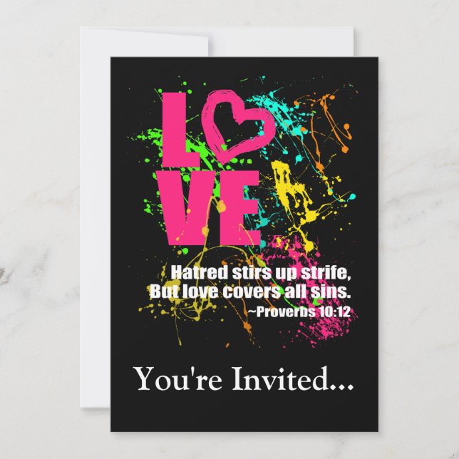 Love Proverbs Bible Verse Neon Paint Splatter Invitation (Front)