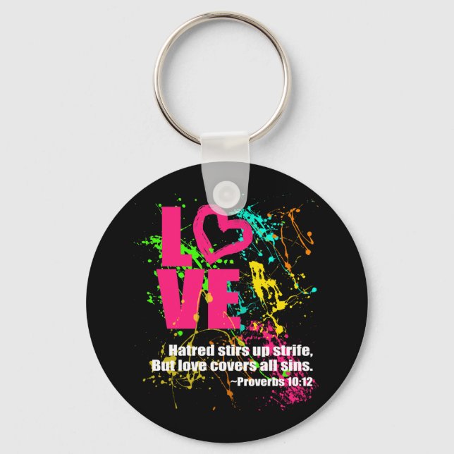 Love Proverbs Bible Verse Neon Paint Splatter Key Ring (Front)