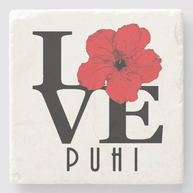 LOVE Puhi Hawaii Red Hibiscus Stone Coaster (Front)