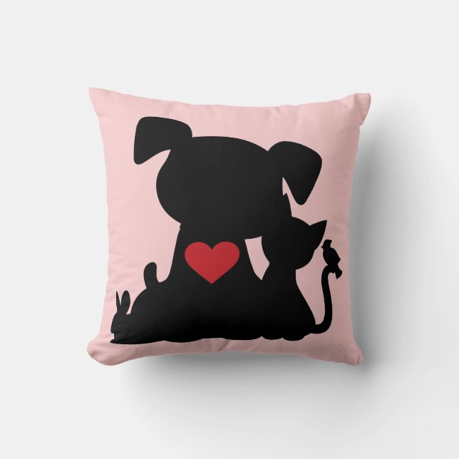 Love Puppy and Kitten Silhouette Pink Pillow (Front)