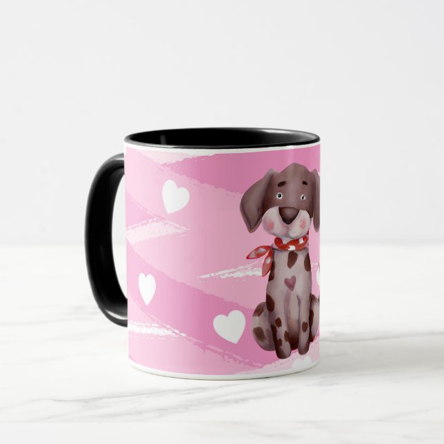 "LOVE PUPPY" WITH PINK AND WHITE HEARTS MUG (Front Left)