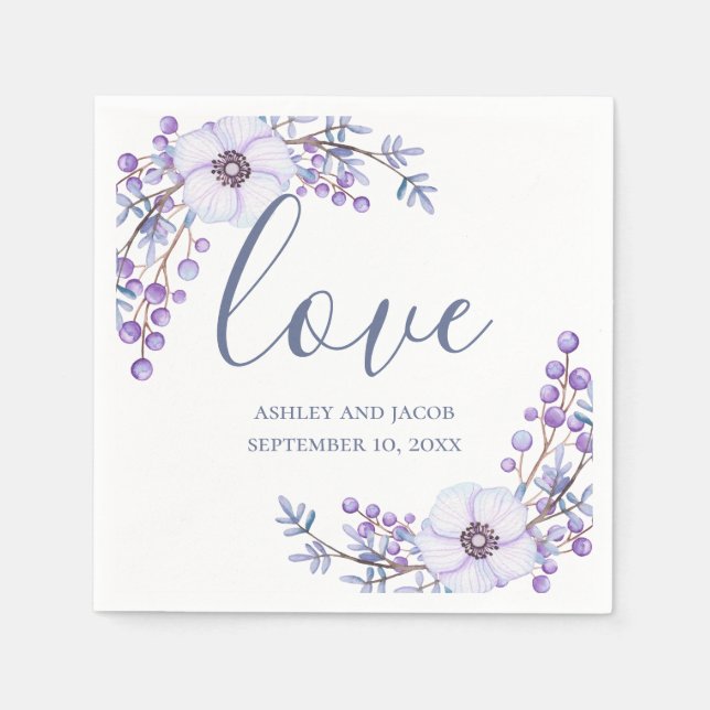 Love. Purple flowers. Lilac floral script wedding Napkin (Front)