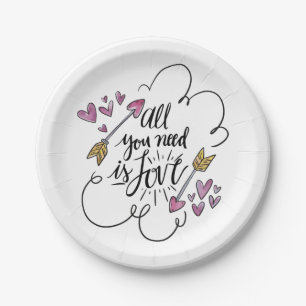 Love  Purple Hearts Arrows Wedding Bridal Shower Paper Plate