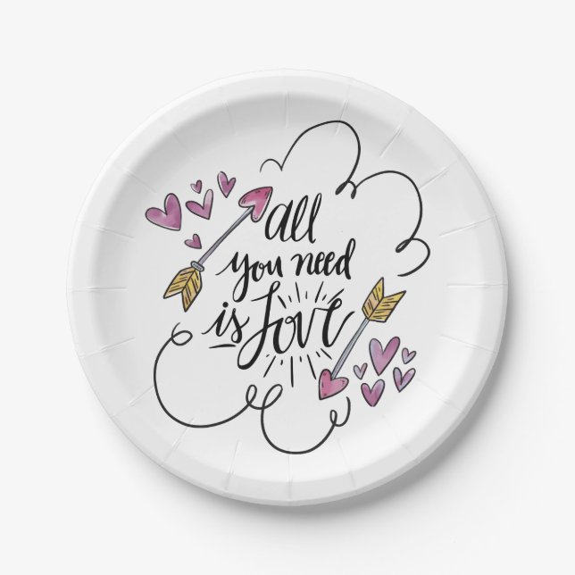Love  Purple Hearts Arrows Wedding Bridal Shower Paper Plate (Front)