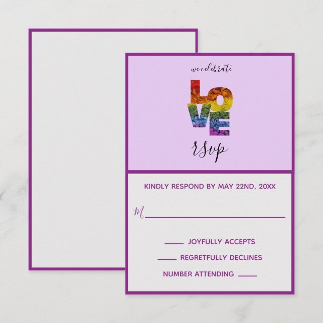 LOVE Purple Themed Same-Sex Wedding RSVP Card (Front/Back)
