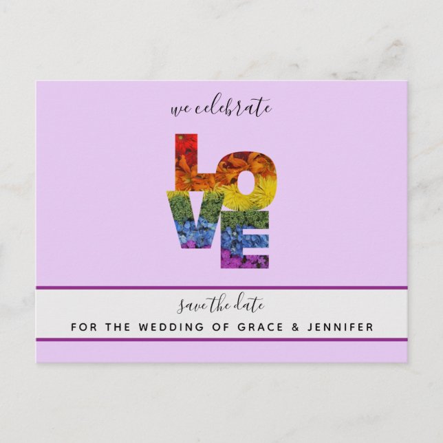 LOVE Purple Themed Same-Sex Wedding Save the Date  Postcard (Front)