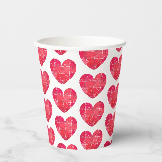 Love puzzle solved, red puzzle heart paper cups (Front)
