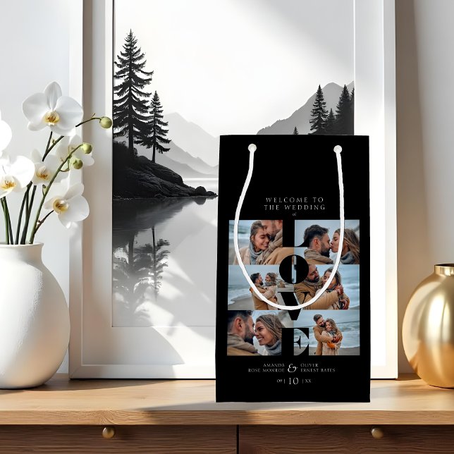 Love Quote Black Collage Welcome Wedding 6 Photos Small Gift Bag (Love Quote Black Trendy Collage Wedding 6 Photos Welcome Bag. )