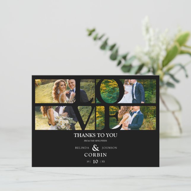 Love Quote Black Trendy Collage Wedding 4 Photos Thank You Card (Standing Front)