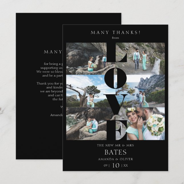 Love Quote Black Trendy Collage Wedding 6 Photos Thank You Card (Front/Back)