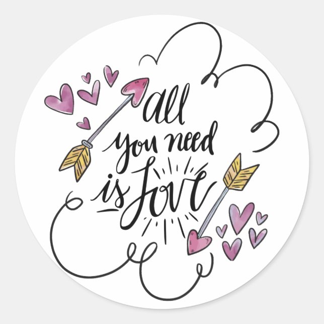 Love Quote Hearts Arrows Purple Yellow  Wedding Classic Round Sticker (Front)