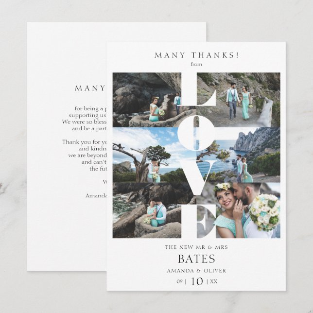 Love Quote White Trendy Collage Wedding 6 Photos Thank You Card (Front/Back)