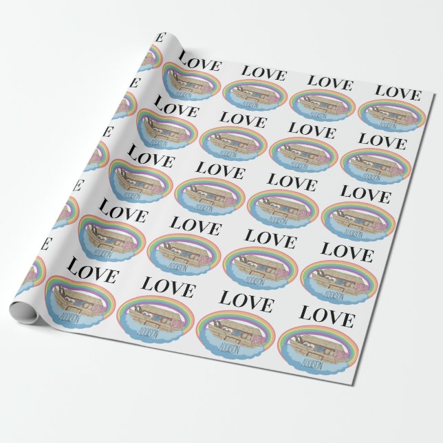 Love Rainbow Noah's Ark custom Name Wrapping Paper (Unrolled)