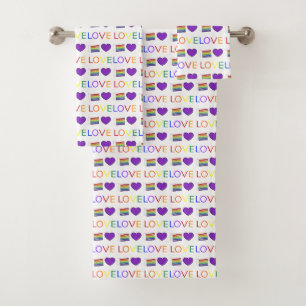 LOVE Rainbow Pride Layer Cake Slice Purple Heart Bath Towel Set