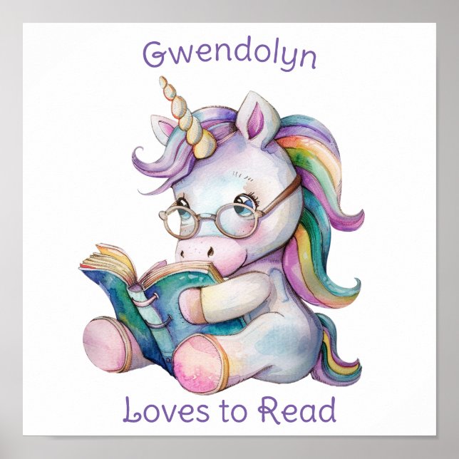 Love Reading Cute Unicorn Eyeglasses Purple Text  Poster (Front)