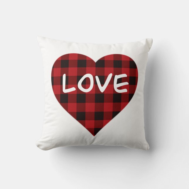 Love, red buffalo plaid pattern, valentine heart cushion (Front)