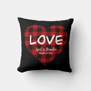Love, red buffalo plaid pattern, valentine heart cushion