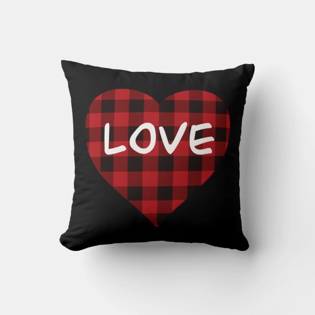 Love, red buffalo plaid pattern, valentine heart cushion (Front)