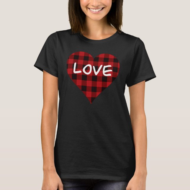 Love, red buffalo plaid pattern, valentine heart T-Shirt (Front)