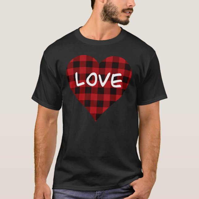 Love, red buffalo plaid pattern, valentine heart T-Shirt (Front)