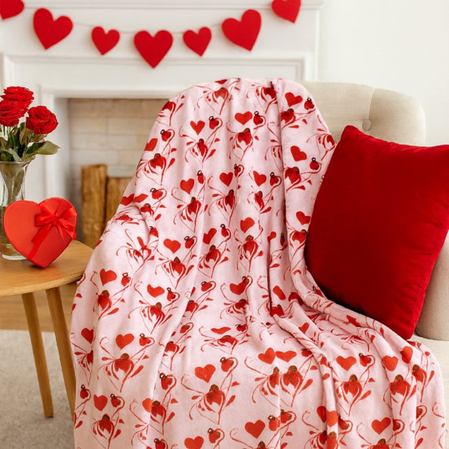 Love Red Hearts and Ladybugs Pink  Fleece Blanket ( A cozy fleece blanket featuring romantic red hearts, perfect for Valentine's Day.)