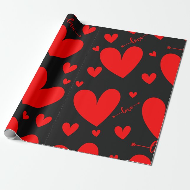 Love, Red Hearts on Black Background Wrapping Paper (Unrolled)