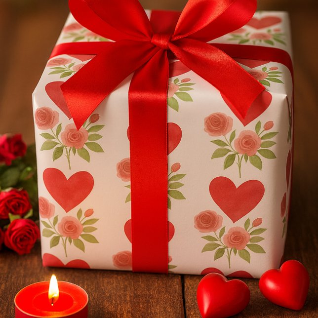 Love Red Hearts Pink Roses  Wrapping Paper (Creator Uploaded)