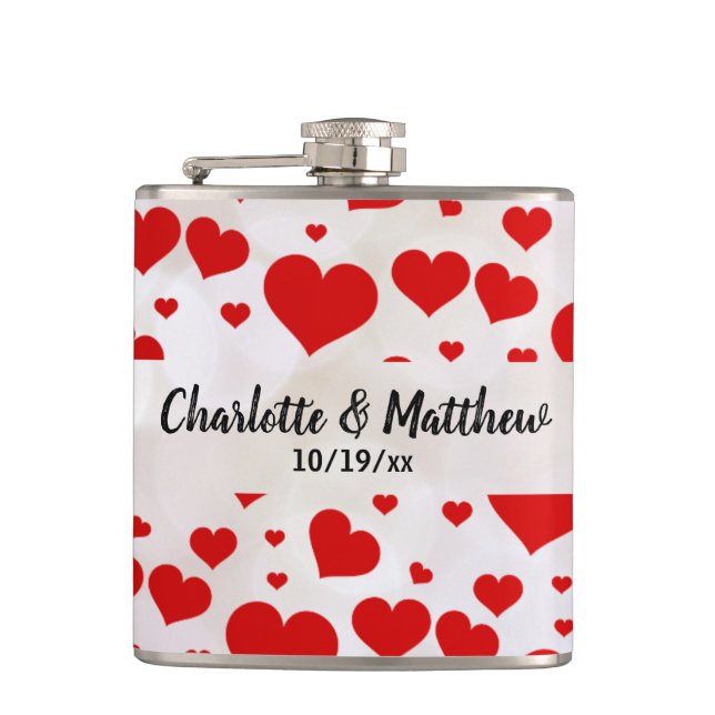 Love Red Hearts Valentines Day Wedding Anniversary Hip Flask (Front)