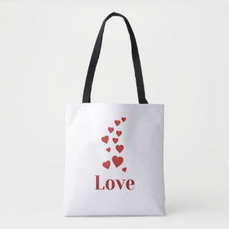 LOVE, red hearts, white tote bag. Bag