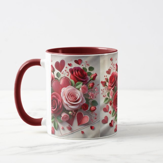 Love  Red Roses and Hearts Valentine's Day Mug (Left)