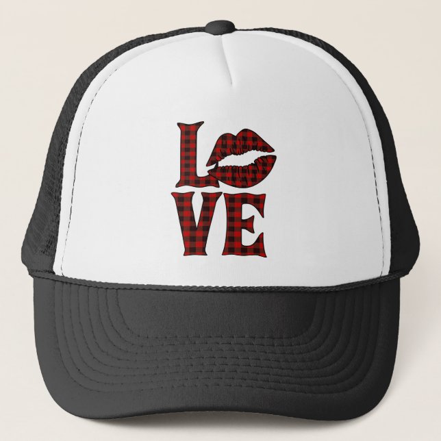 Love Red Tartan Valentine's Day Trucker Hat (Front)