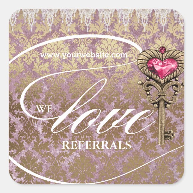 Love Referrals Pink Gold Skeleton Key Damask Square Sticker (Front)