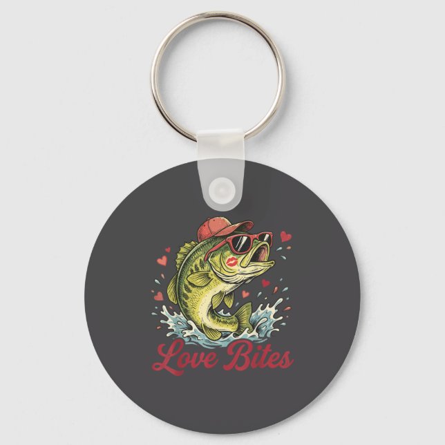 Love Retro Bites Fishing Fisherman Valentines Day  Key Ring (Front)