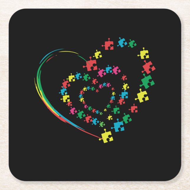 Love Ribbon Heart Puzzle Autism Awareness Gift Square Paper Coaster (Front)