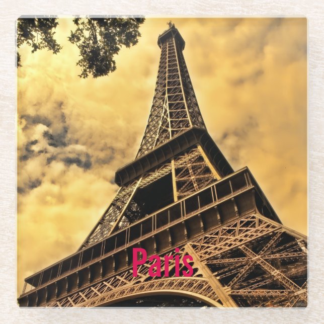 Love & Romance City of Paris Eiffel Tower France Glass Coaster (Front)