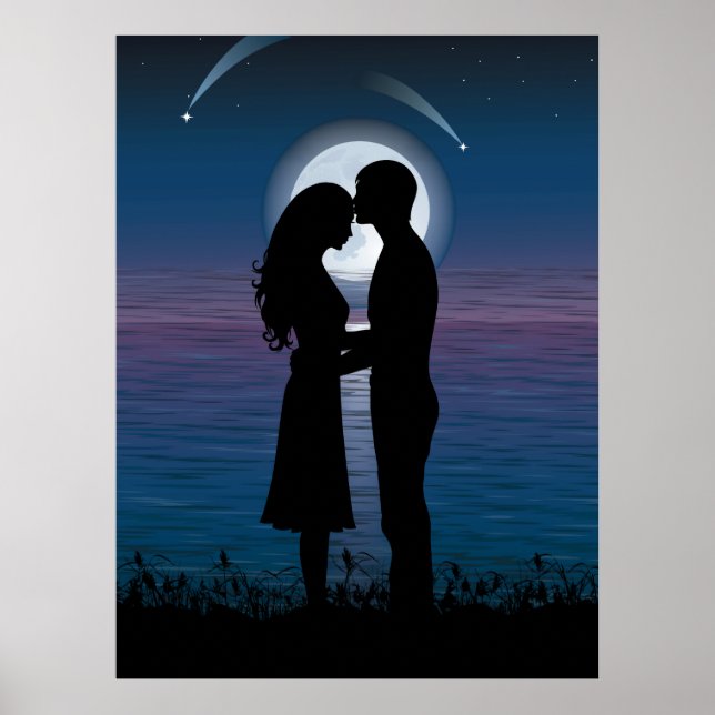 Love Romance Silhouette Couple On The Lake Coast Poster (Front)