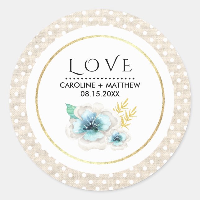 Love. Romantic Floral Burlap Texture Wedding  Classic Round Sticker (Front)