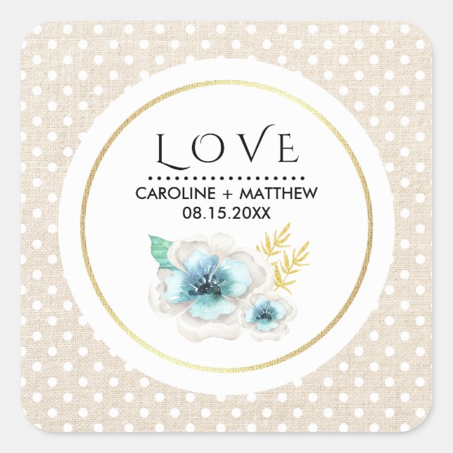 Love. Romantic Floral Burlap Texture Wedding  Square Sticker (Front)