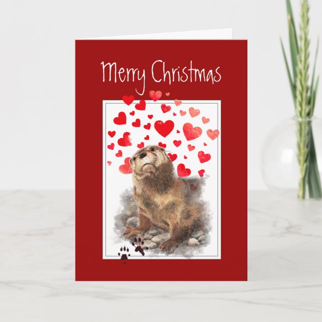Love Romantic Merry Christmas, Cute Otter Animal Holiday Card (Front)