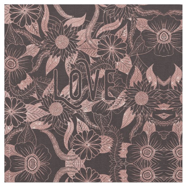 Love Rose Gold Glitter Girly Flowers Pattern Fabric (Close Up)