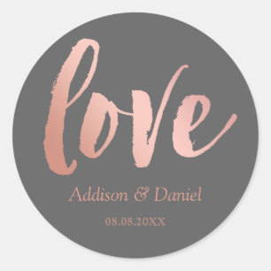 Love   Rose Gold & Grey   Custom Names & Date Classic Round Sticker