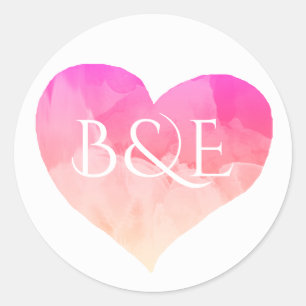 love roseate watercolor heart + initials classic round sticker