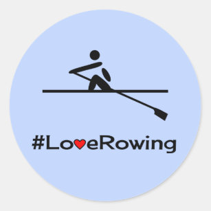 Love rowing caption blue classic round sticker
