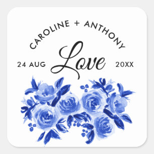Love. Royal Blue Watercolor Floral Wedding Square Sticker