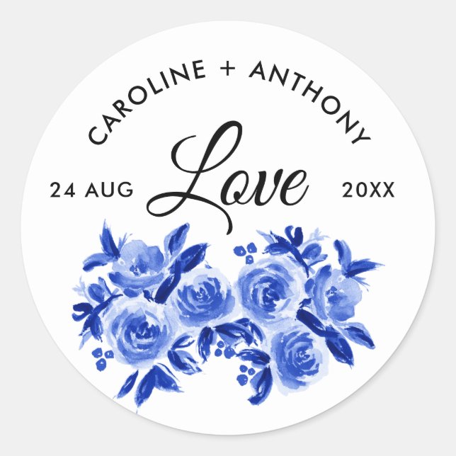 Love. Royal Blue Watercolor Floral Wedding Sticker (Front)
