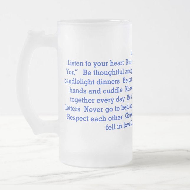 Love Rules on a frosty tall glass mug (Left)