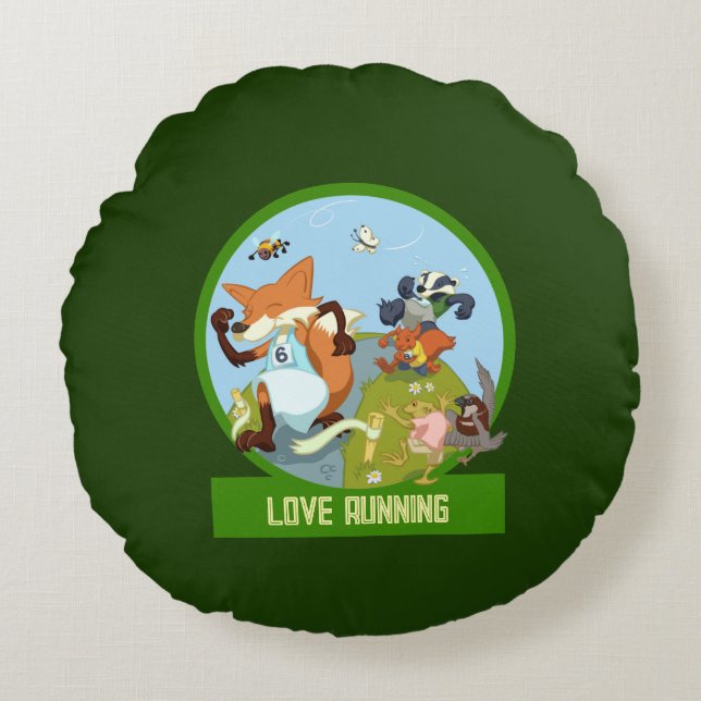 Love Running Funny Woodland Animal Race Cartoon Round Cushion (Front)