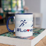 Love running slogan blue mug<br><div class="desc">Don't just enjoy running: #LoveRunning! A mug for anyone - a marathon runner, triathlon or track athlete, cross country runner, or for someone who just likes to keep fit. Simple text in navy with a red heart, and three pictogram runners above, on a pale blue striped background.</div>