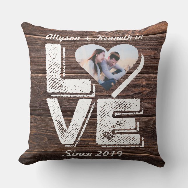 Love Rustic Woodland Photo Heart Frame Monogram Cushion (Front)