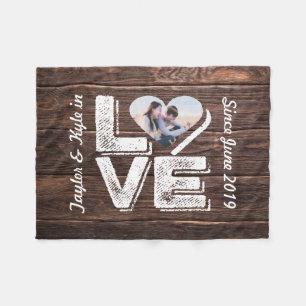 Love Rustic Woodland Photo Heart Frame Monogram Fleece Blanket